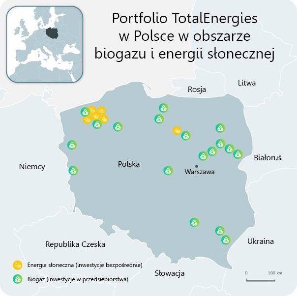 mapa - portfolio TotalEnergies w Polsce (projekty biogazowe i solarne)