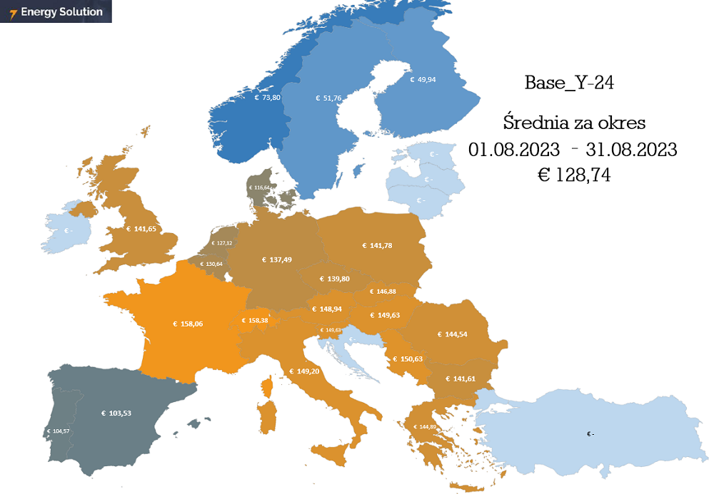 Średnia cena energii na rynku terminowym w UE w sierpniu 2023 - mapa