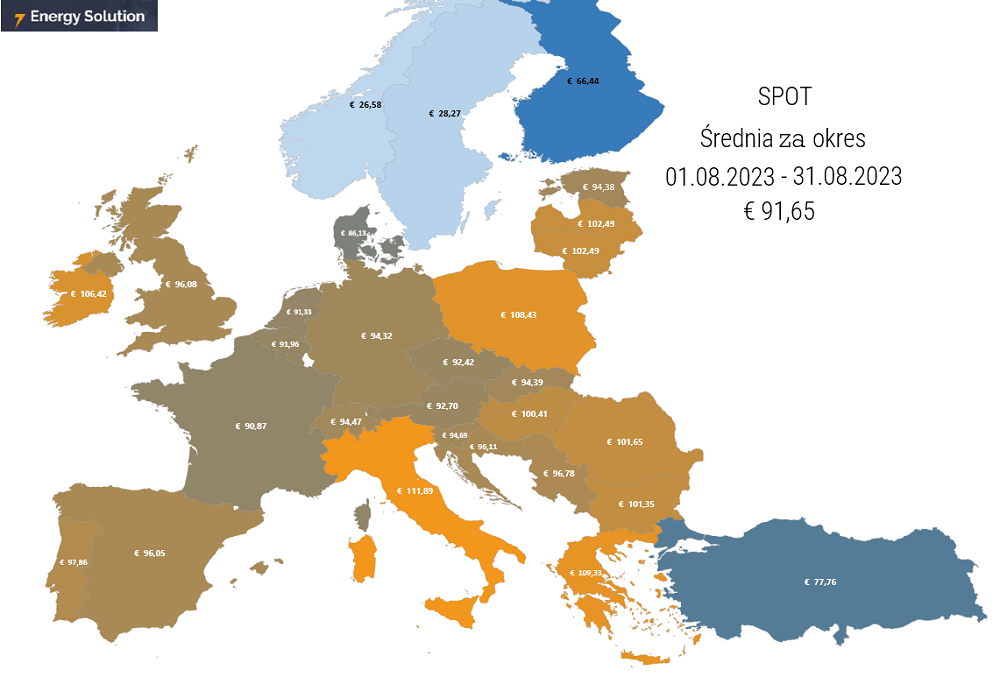 <strong>Średnia cena energii na rynku SPOT w UE w sierpniu 2023</strong> - mapa