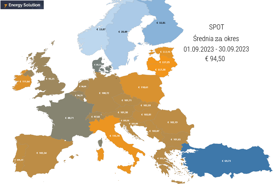 Średnia cena SPOT we wrześniu 2023 r. - mapa
