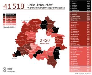 Zestawienie pokazujące liczbę kopciuchów w aglomeracji warszawskiej