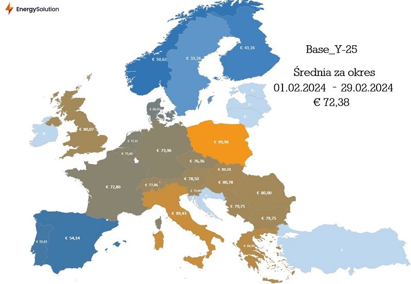 Mapa pokazująca średnie ceny energii na rynku terminowym w Europie w lutym 2024