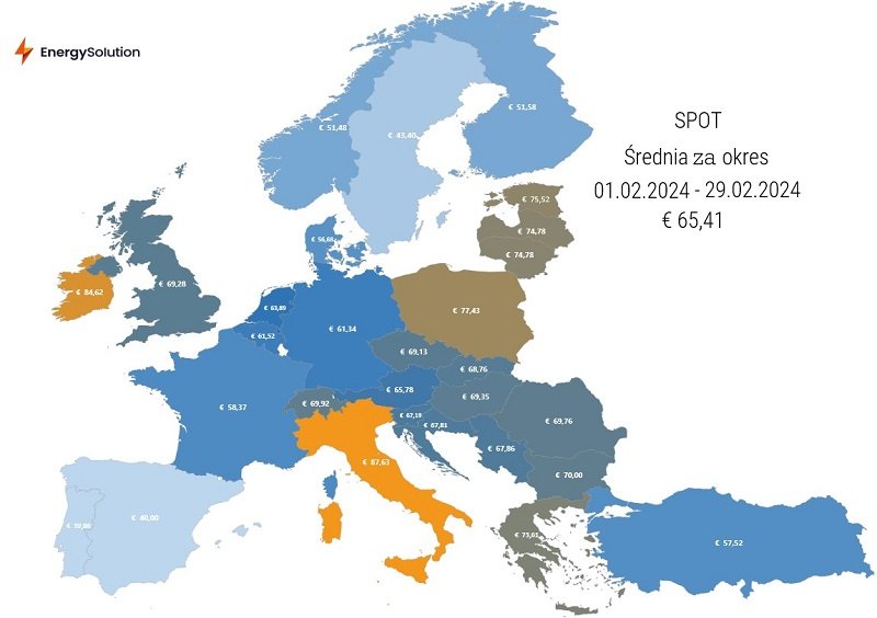 Mapa pokazująca średnie ceny energii na rynku spot w Europie w lutym 2024