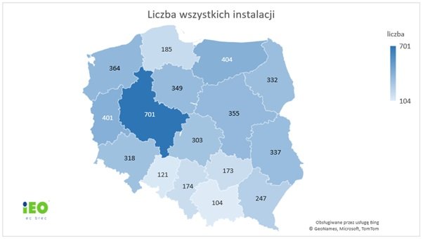 Mapa pokazująca liczbę instalacji fotowoltaicznych w poszczególnych regionach Polski