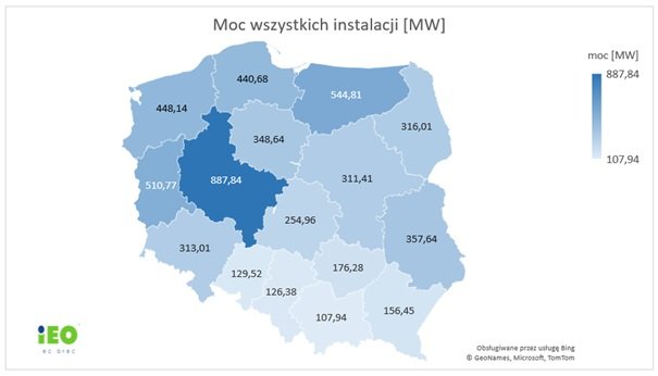 Mapa pokazująca moc instalacji fotowoltaicznych w poszczególnych regionach Polski
