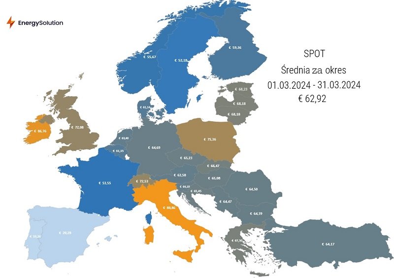 Mapa pokazująca hurtowe ceny na europejskim rynku spot w marcu 2023