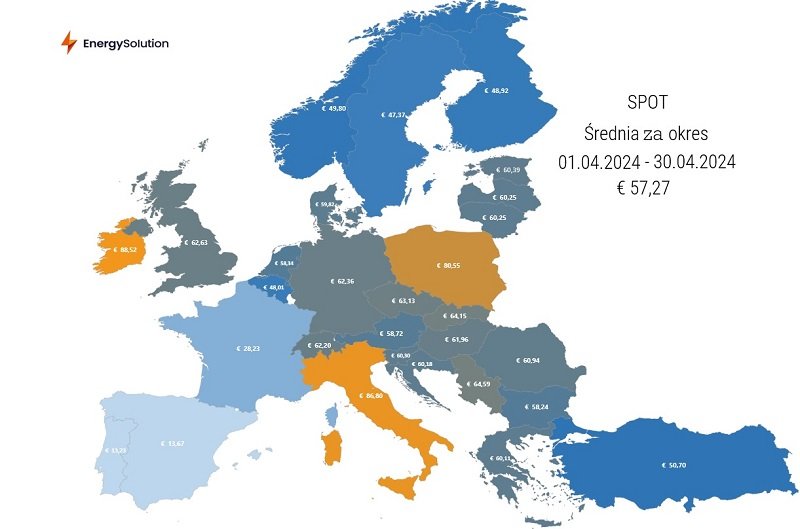 Mapa pokazująca ceny na rynku SPOT w Europie