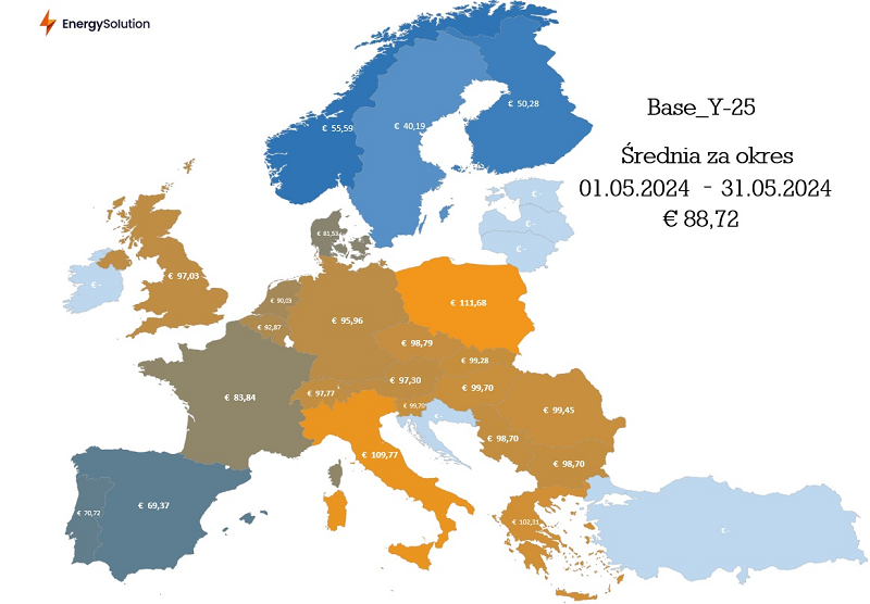 Mapa pokazująca ceny energii na rynku terminowym w maju 2024