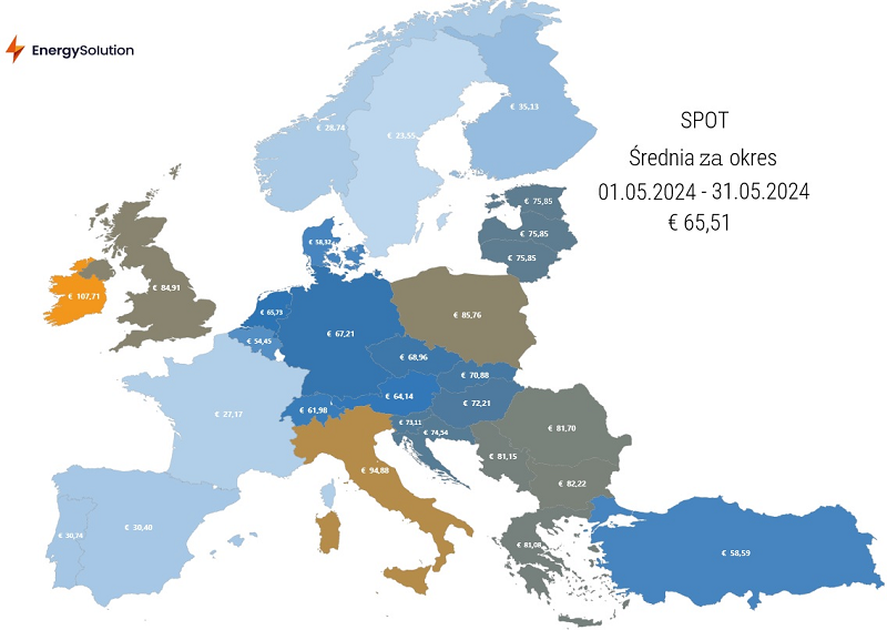 Mapa pokazująca ceny energii na rynku SPOT w maju 2024 