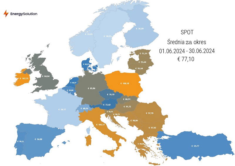 mapa pokazująca ceny na rynku SPOT w Europie w czerwcu 2024