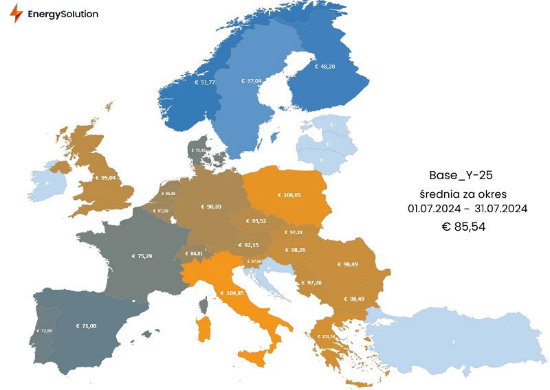 Mapa pokazująca ceny na rynku terminowym w lipcu 2024