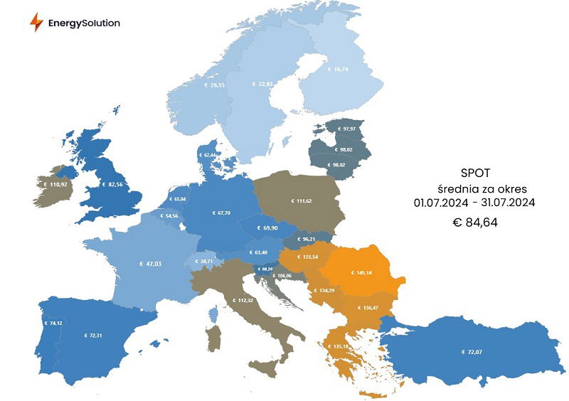 Mapa pokazująca ceny na rynku SPOT w lipcu 2024