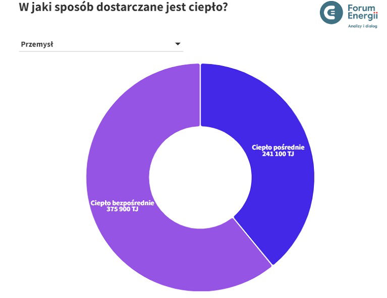 Wykres pokazujący, w jaki sposób dostarczane jest ciepło dla polskiego przemysłu