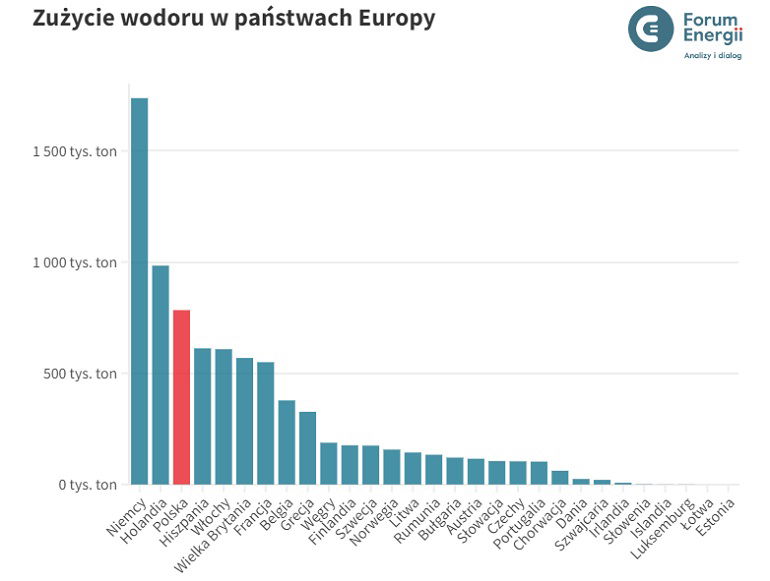 Wykres pokazujący zużycie wodoru w państwach Europy