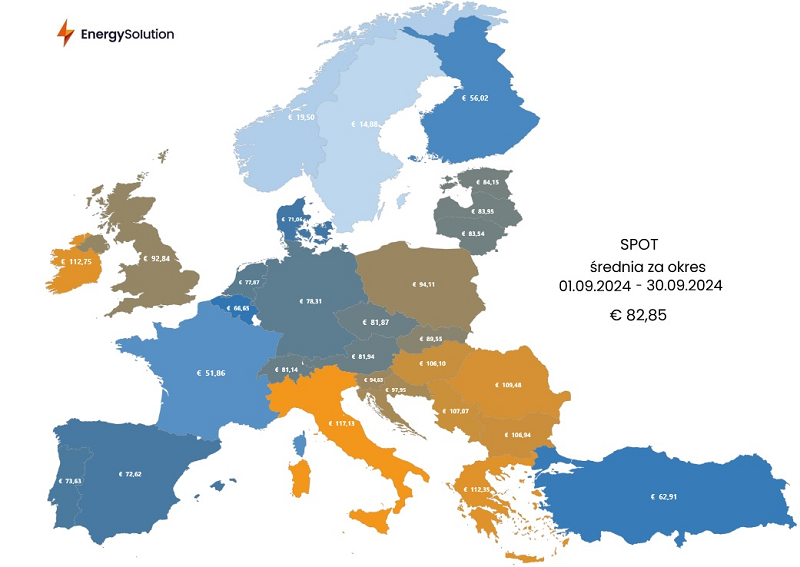 mapa pokazująca ceny na rynku SPOT w Europie we wrześniu 2024