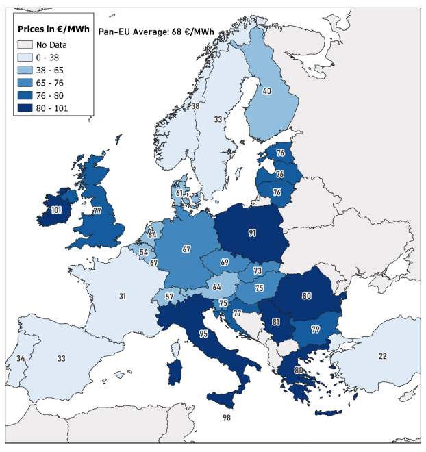 Średnie hurtowe ceny energii elektrycznej w Europie w II kwartale 2024 r. Źródło: Komisja Eurpoejska