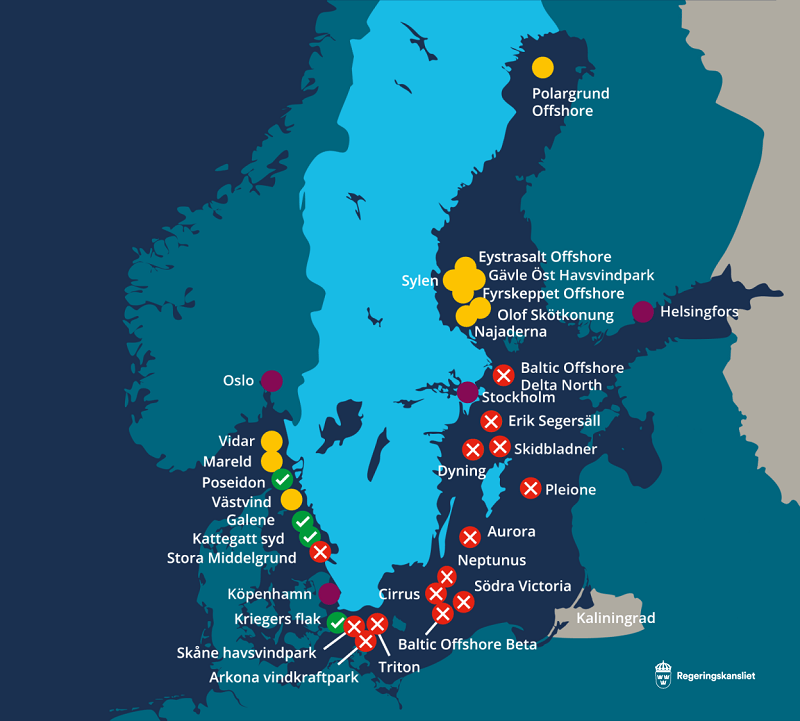 Mapa pokazująca anulowane projekty offshore w Szwecji