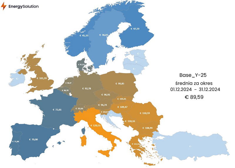 Mapa: Średnia cena energii na rynku terminowym w grudniu 2024