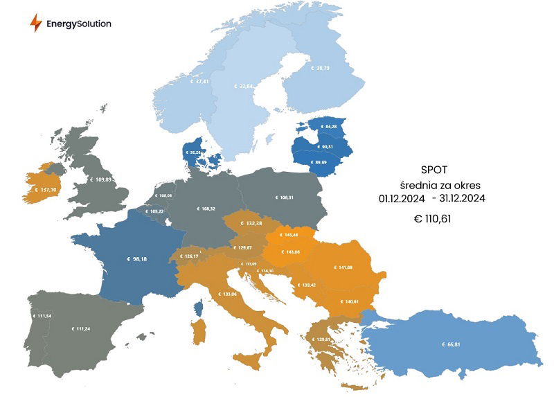 Mapa: Średnia cena energii na rynku SPOT w grudniu 2024