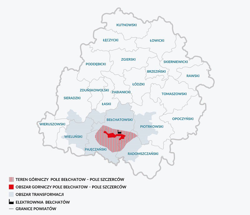 Mapa: Obszar transformacji województwa łódzkiego