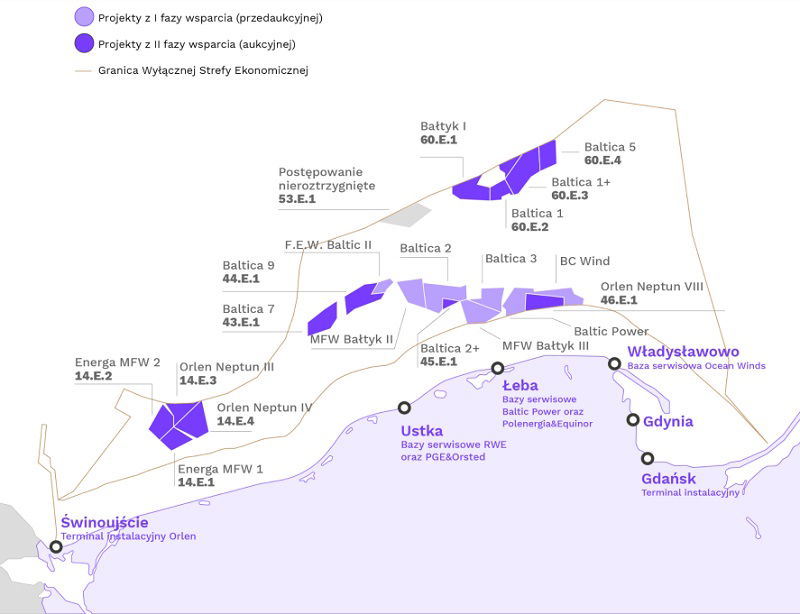 Mapa: Plany rozwoju morskiej energetyki wiatrowej w polskiej części Bałtyku