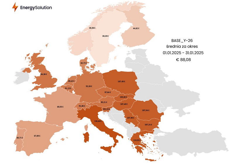 Mapa: Średnia cena energii na rynku terminowym w styczniu 2025