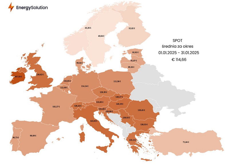 Mapa: Średnia cena energii na rynku spot w styczniu 2025