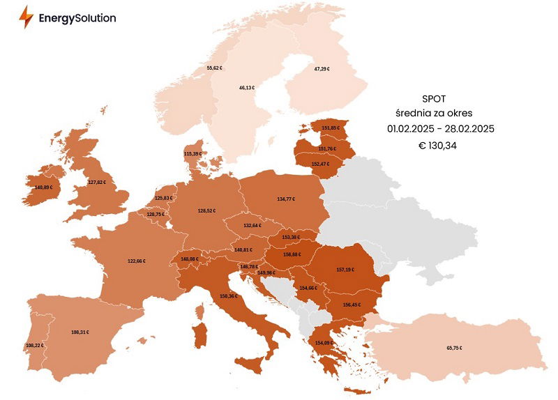 Mapa: Średnia cena energii na rynku spot w lutym 2025