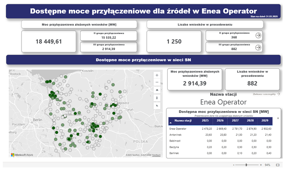 Mapa pokazująca przyłączone i dostępne moce OZE w sieci dystrybucyjnej spółki Enea Operator. Źródło: Enea Operator