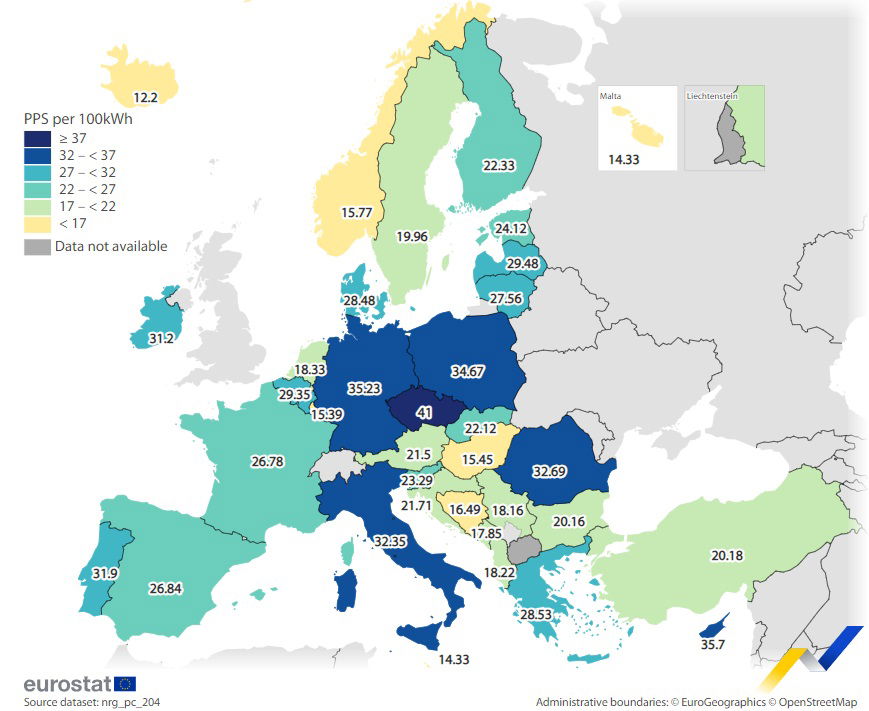Ceny energii elektrycznej dla gospodarstw domowych w drugiej połowie 2024 (standard siły nabywczej PPS/100 kWh). Źródło: Eurostat