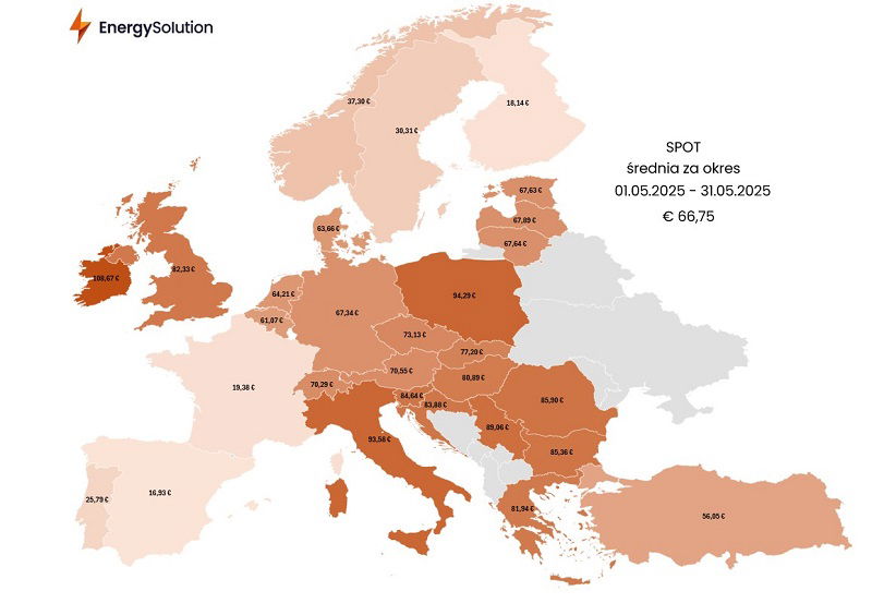 Mapa: Średnia cena SPOT w maju 2025 r.