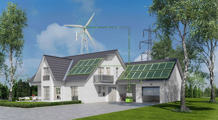 magazyn energii współpracujący z małą elektrownią wiatrową zainstalowaną w pobliżu domu jednorodzinnego