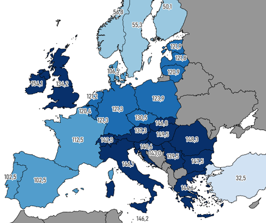 Średnie ceny energii elektrycznej na rynkach dnia następnego w Unii Europejskiej w pierwszym kwartale 2025.