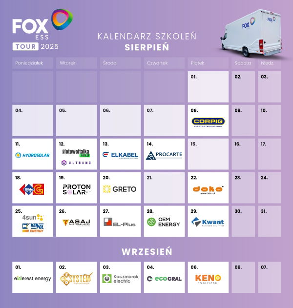 Kalendarz FoxESS TOUR 2025 - II edycja ogólnopolskiej trasy szkoleniowej