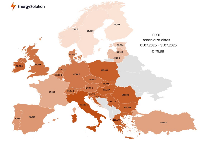Mapa: Średnie ceny energii na rynku spot w lipcu 2025. Źródło: Energy Solution
