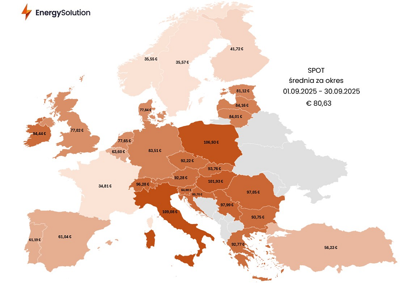 Mapa: Średnia cena spot we wrześniu 2025 r. Źródło: Energy Solution