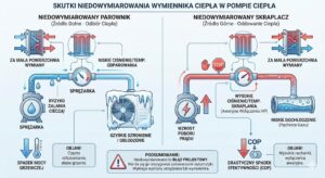 Grafika przedstawia najczęstsze skutki niedowymiarowania wymiennika ciepła w pompie ciepła