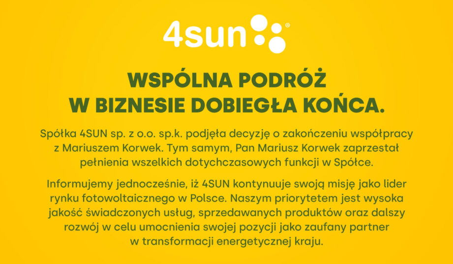 Dostawca rozwiązań fotowoltaicznych - firma 4SUN - informuje o zmianach w składzie zarządu