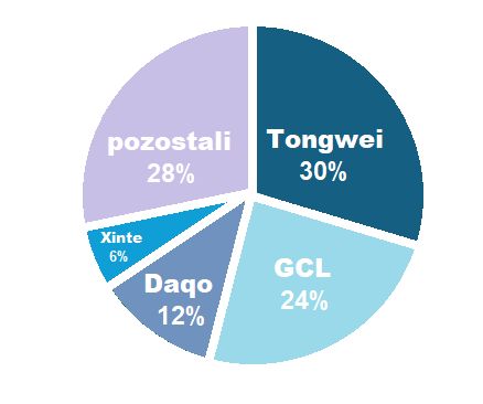 Udział czterech największych producentów w chińskim rynku produkcji polikrzemu. Źródło: Gramwzielone.pl (2025) na podstawie raportu Bernreuter Research Udział czterech największych producentów w chińskim rynku produkcji polikrzemu. Źródło: Gramwzielone.pl (2025) na podstawie raportu Bernreuter Research
