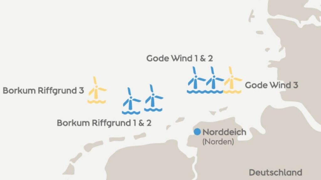 Lokalizacja farm zarządzanych przez Orsted w niemieckiej części Morza Północnego. Źródło: Orsted