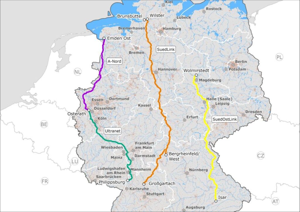 Rozmieszczenie linii HVDC na terytorium Niemiec. Źródło: Federalna Agencja ds. Regulacji Sieci Rozmieszczenie linii HVDC na terytorium Niemiec. Źródło: Federalna Agencja ds. Regulacji Sieci