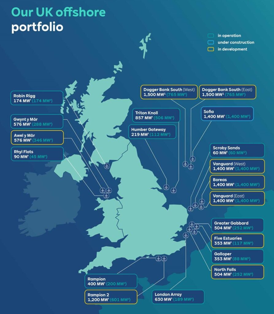 Morskie farmy wiatrowe RWE u wybrzeży Wielkiej Brytanii. Źródło: RWE