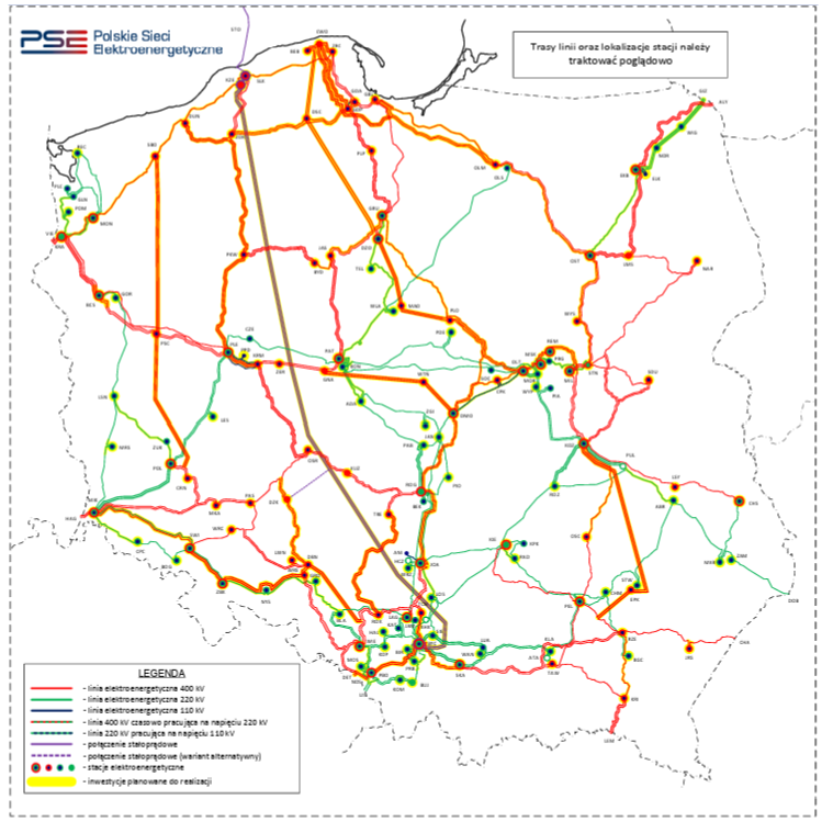 Schemat sieci przesyłowej ze zmianami wynikającymi z realizacji planowanych zadań inwestycyjnych do 2036 r. Kolor żółty – inwestycje przeznaczone do realizacji. Źródło: PSE