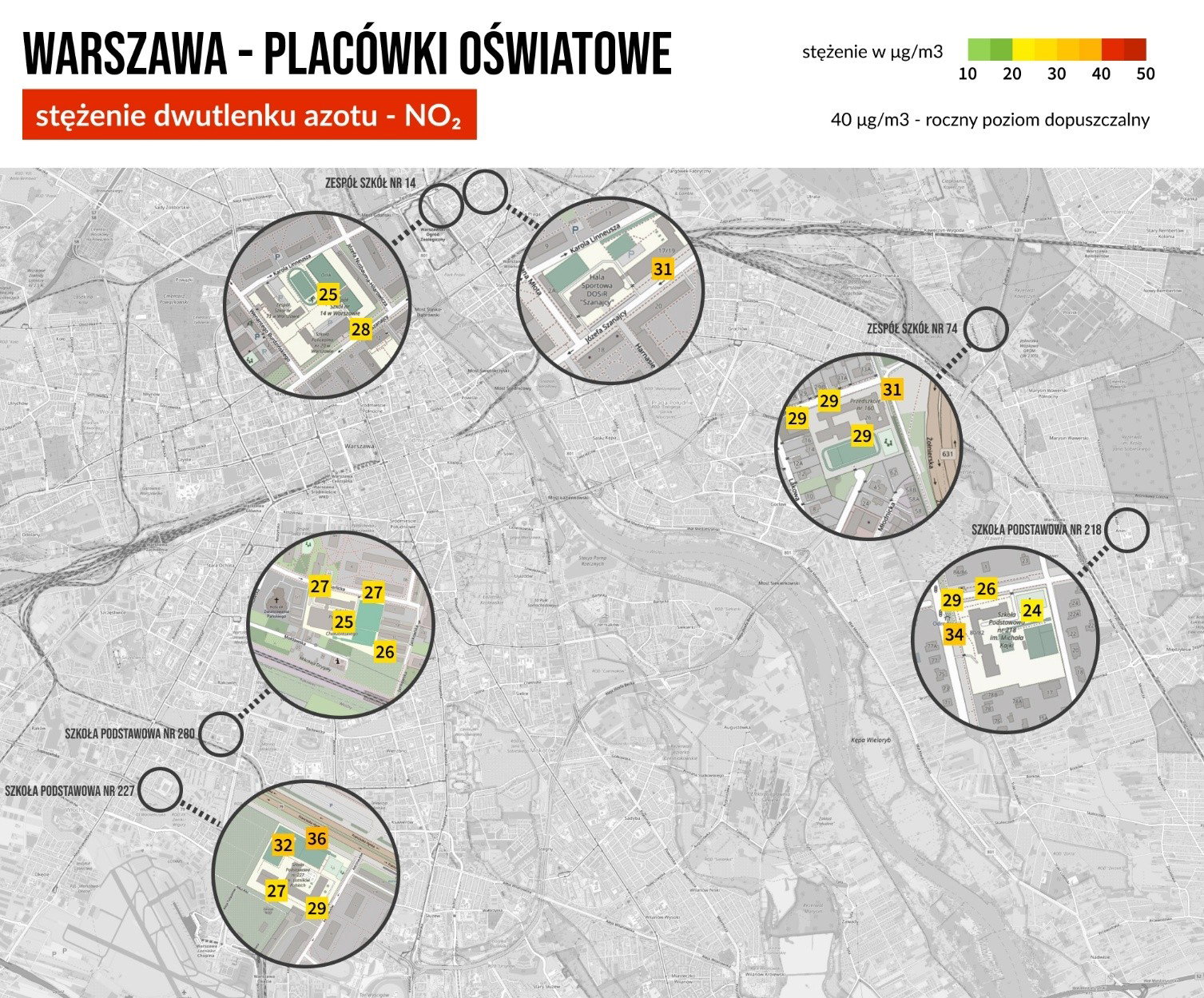 Stężenie dwutlenku azotu w okolicy placówek oświatowych w Warszawie