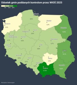 Odsetek gmin poddanych kontrolom przez WIOŚ w 2025 r. Odsetek gmin poddanych kontrolom przez WIOŚ w 2025 r. - mapa