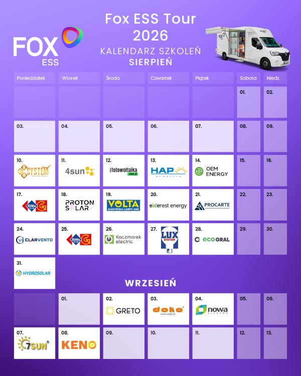 Kalendarz szkoleń FoxESS Tour 2026 na sierpień Kalendarz szkoleń FoxESS Tour 2026 na sierpień