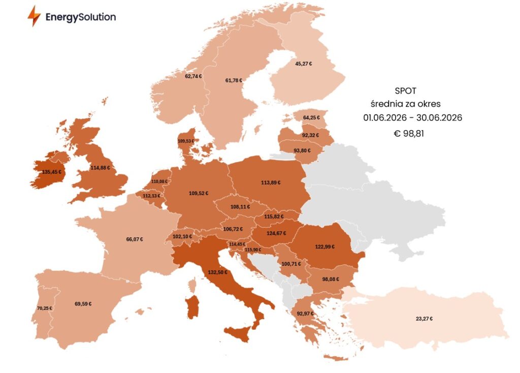 Mapa ceny SPOT - czerwiec 2026, fot. Energy Solutions