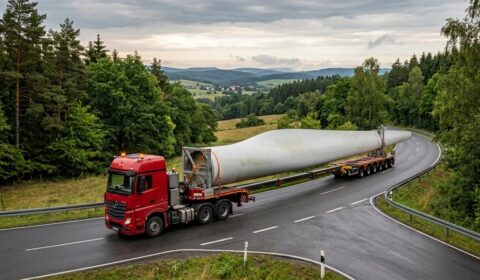 Części turbin wiatrowych utknęły na drodze przez znak drogowy i drzewa