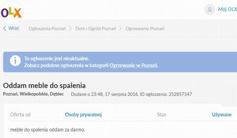 OLX.pl szybko usunął ogłoszenia o meblach do spalenia